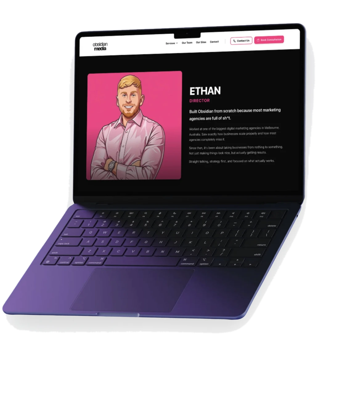 The Obsidian Media website on a laptop