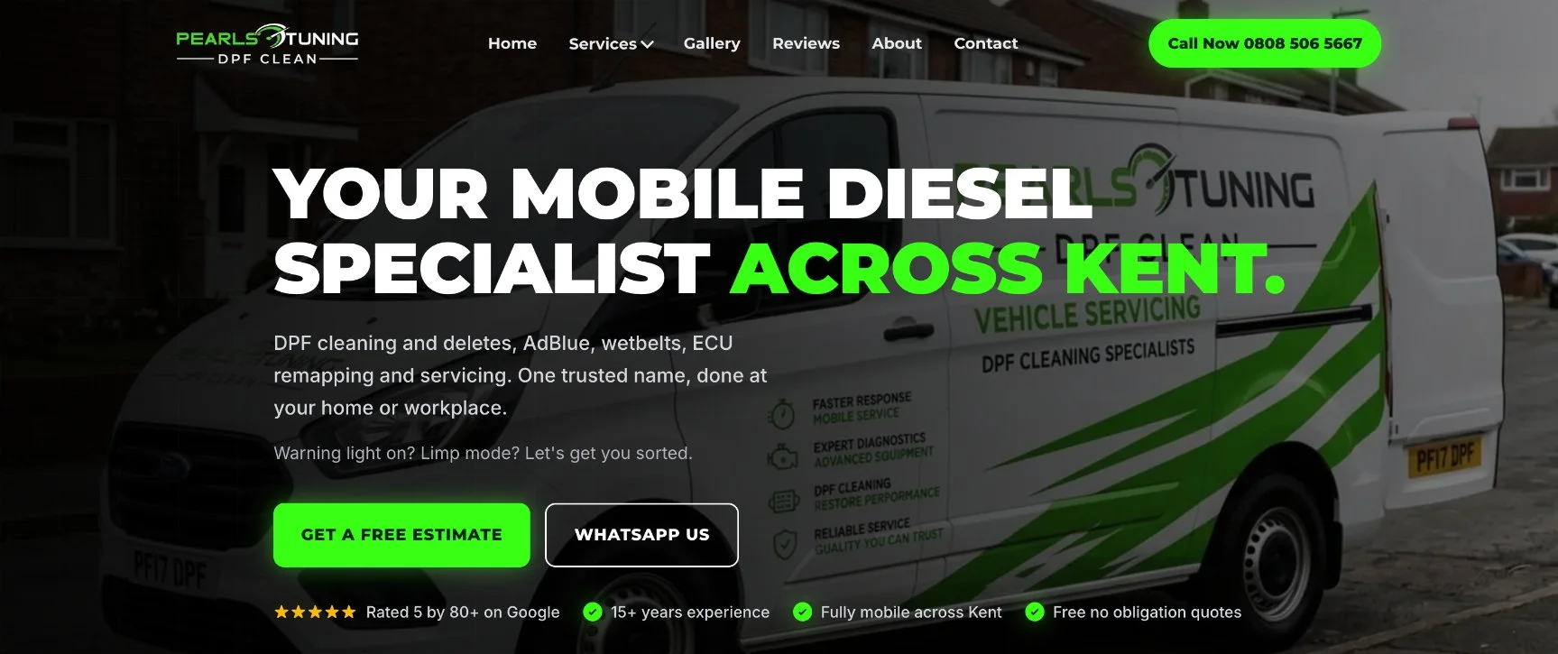 Mobile DPF cleaning specialist website, built and marketed by Obsidian Media